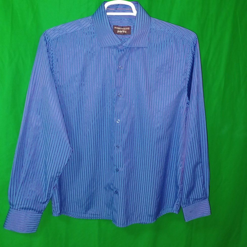 Peter England Party Mens Blue Purple Striped Long‎ Sleeve Button Down Shirt XL
